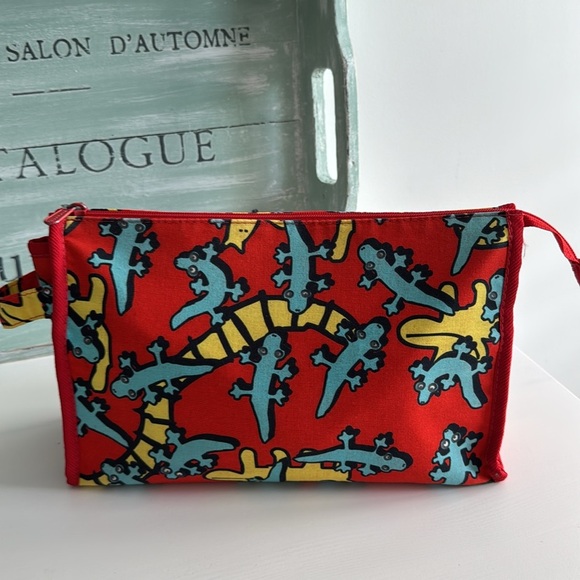 Marimekko Red Toiletry Pouch with Blue and Yellow Lizard Animal Print - Picture 3 of 10